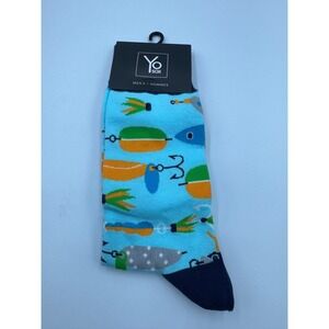 NWT Yo Sox Fishing-Patterned Crew Socks Men's 7-12 Aqua Blue Winter Cozy Comfort